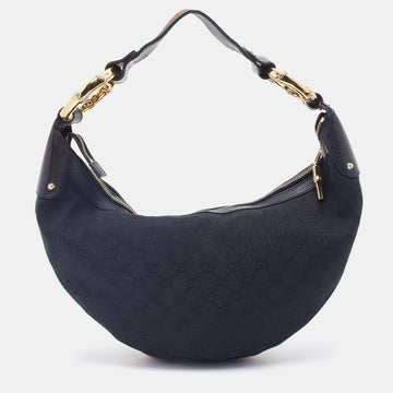 Gucci Black GG Canvas and Leather Medium Web Bamboo Ring Hobo