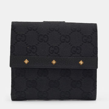 Gucci Black GG Canvas And Leather Flap Studded Compact Wallet