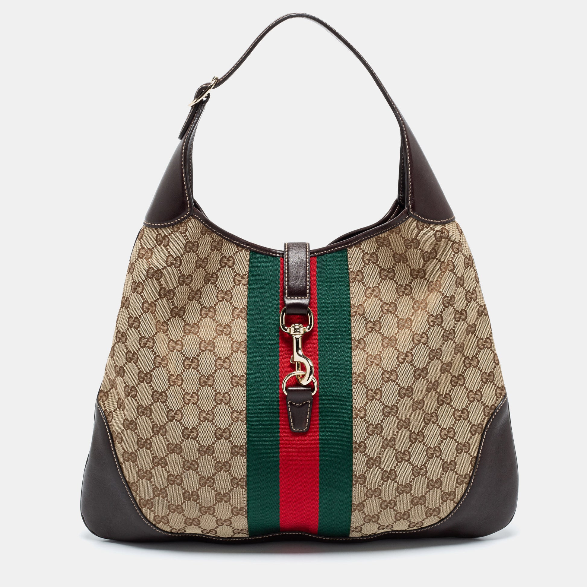 Gucci Vintage Large Jackie O Black Canvas and Brown Leather Hobo