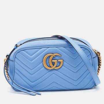 Gucci Blue Matelasse Leather Small GG Marmont Shoulder Bag