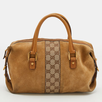 Gucci Beige/Tan GG Canvas And Suede Boston Bag