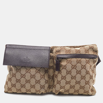 Gucci Beige/Brown GG Canvas and Leather Double Pocket Belt Bag