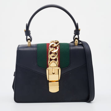 Gucci Black Leather Mini Web Chain Sylvie Top Handle Bag