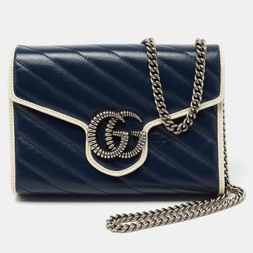 Gucci Navy Blue/White Diagonal Quilt Leather GG Marmont Torchon Wallet on Chain