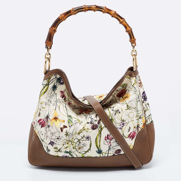 Gucci White Floral Canvas and Leather Peggy Bamboo Handle Hobo