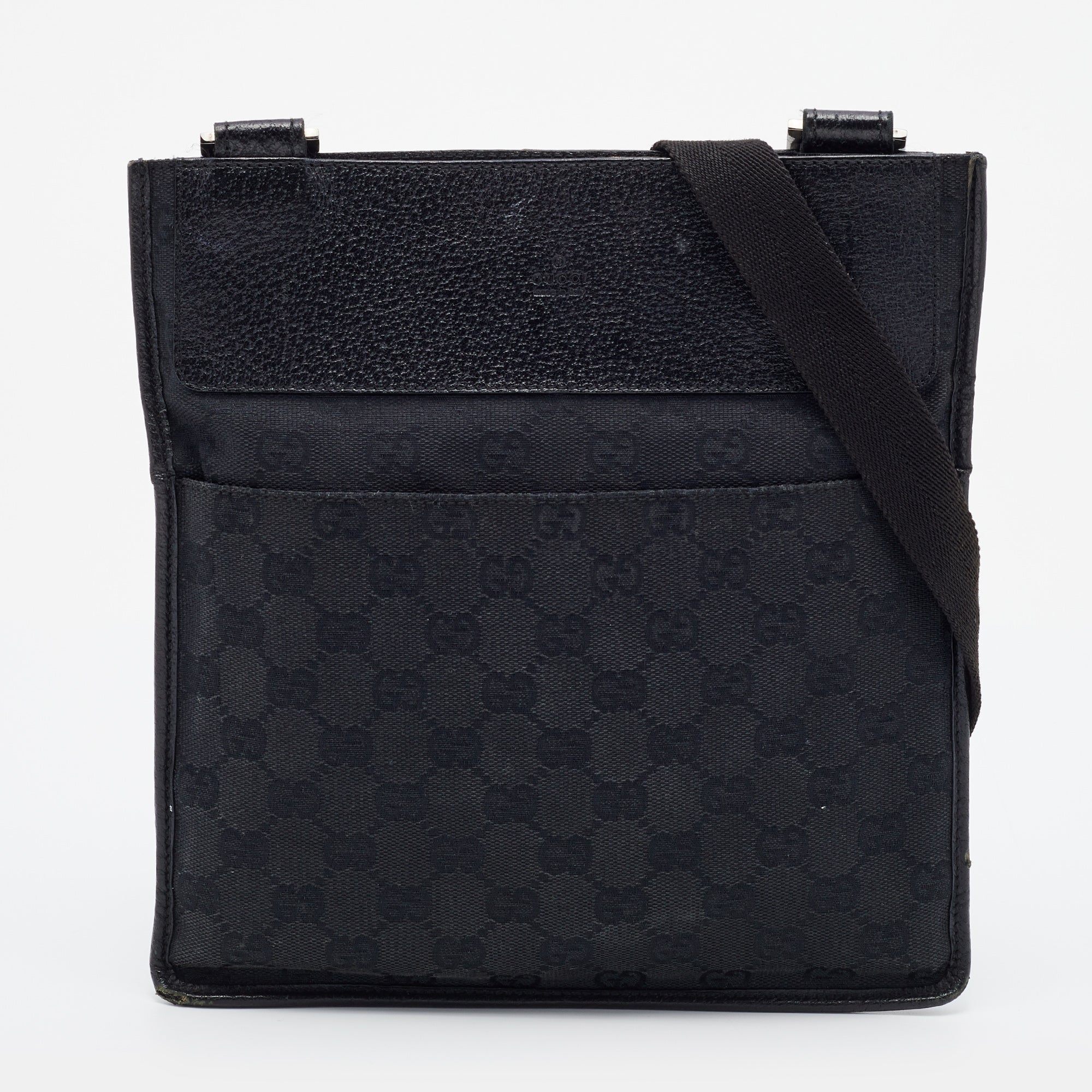 Gucci Black GG Canvas And Leather Flat Messenger Bag