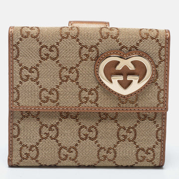 Gucci Beige/Bronze GG Canvas And Leather Lovely Heart Compact Wallet