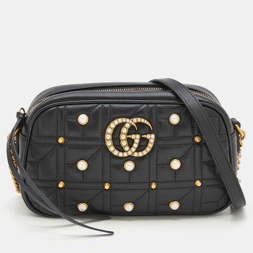 Gucci Black Quilted Leather Embellished Small GG Marmont Shoulder Bag