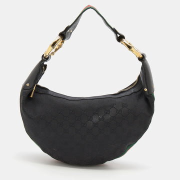 Gucci Black GG Canvas and Web Bamboo Ring Hobo