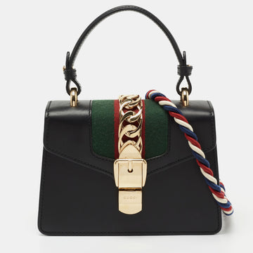 Gucci Black Leather Mini Web Chain Sylvie Top Handle Bag