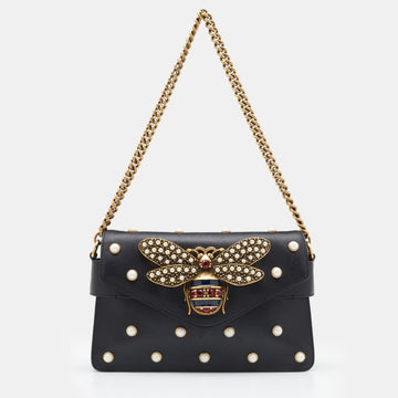 Gucci Black Leather Mini Pearl Studded Queen Margaret Broadway Shoulder Bag