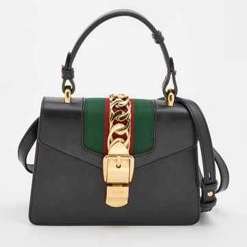 Gucci Black Leather Mini Sylvie Top Handle Bag