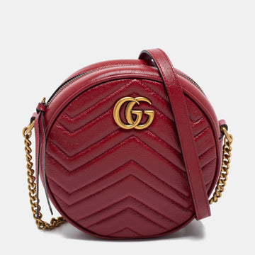 Gucci Red Matelasse Leather Mini GG Marmont Round Crossbody Bag