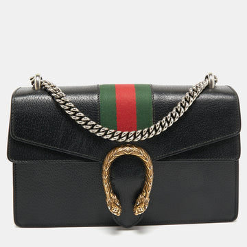 Gucci Black Leather Small Dionysus Web Shoulder Bag