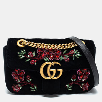 Gucci Black Crystal Embellished Matelasse Velvet Mini GG Marmont Shoulder Bag