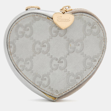 GUCCI Silver ssima Leather Heart Shape Coin Purse