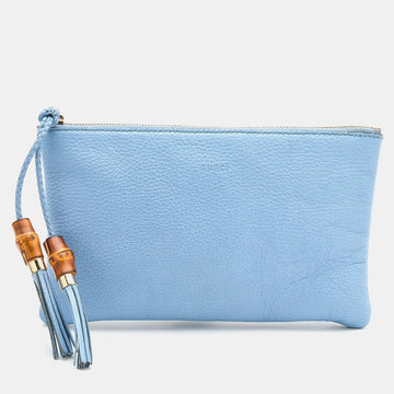 GUCCI Light Blue Leather Bamboo Tassel Clutch