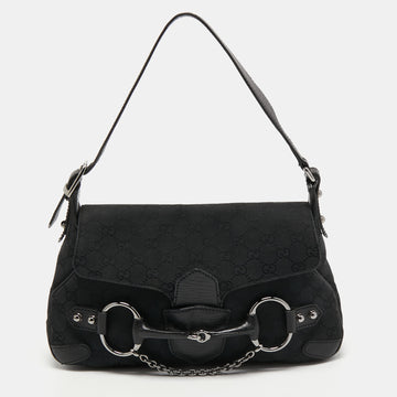 Gucci Black GG Canvas Small Horsebit Chain Shoulder Bag