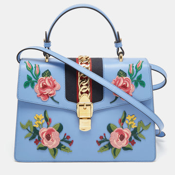 Gucci Blue Floral Embroidered Leather Medium Sylvie Top Handle Bag