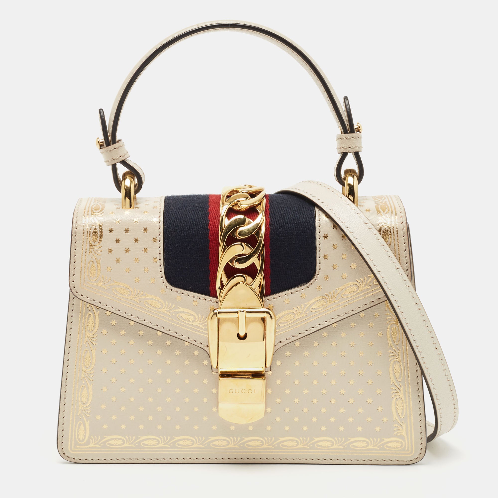 Gucci Off White Star Print Leather Mini Sylvie Top Handle Bag