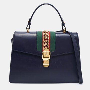 Gucci Blue Leather Medium Sylvie Top Handle Bag