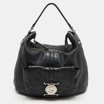 Gucci Black Grained Leather Medium G Coin Hobo