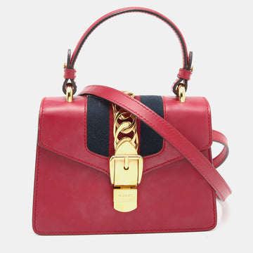 Gucci Red Leather Mini Web Sylvie Top Handle Bag