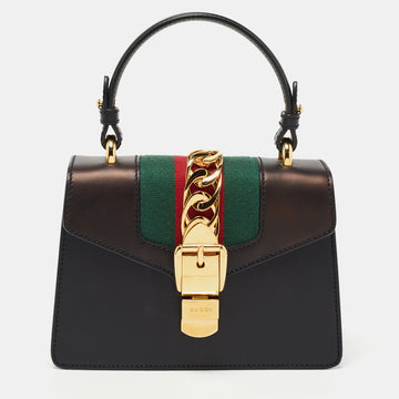 Gucci Black Leather Mini Web Chain Sylvie Top Handle Bag