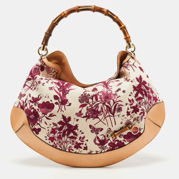 Gucci Magenta/Natural Canvas and Leather Floral Peggy Bamboo Hobo