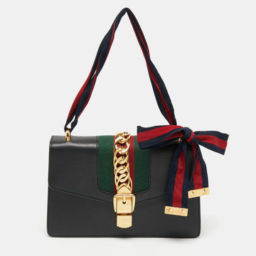 Gucci Black Leather Small Web Sylvie Shoulder Bag