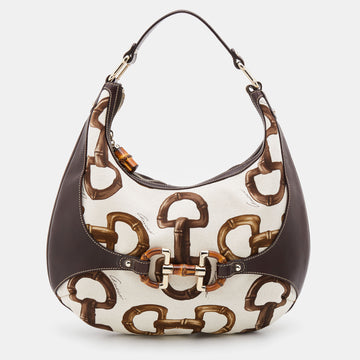 Gucci Brown/Off White Bamboo Horsebit Print Canvas Amalfi Hobo