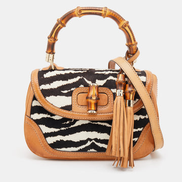 Gucci Brown Zebra Print Calf Hair and Leather Bamboo Top Handle Bag