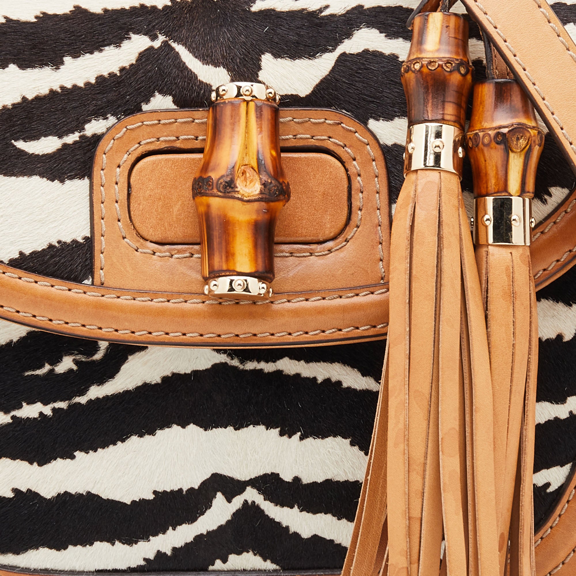 Gucci Brown Zebra Print Calf Hair and Leather Bamboo Top Handle Bag