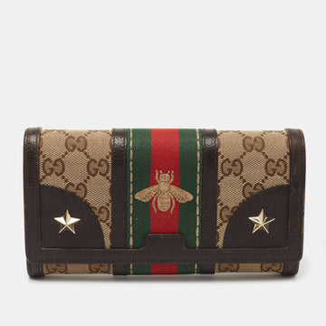 Gucci Brown/Beige Canvas and Leather Bee Web Continental Wallet