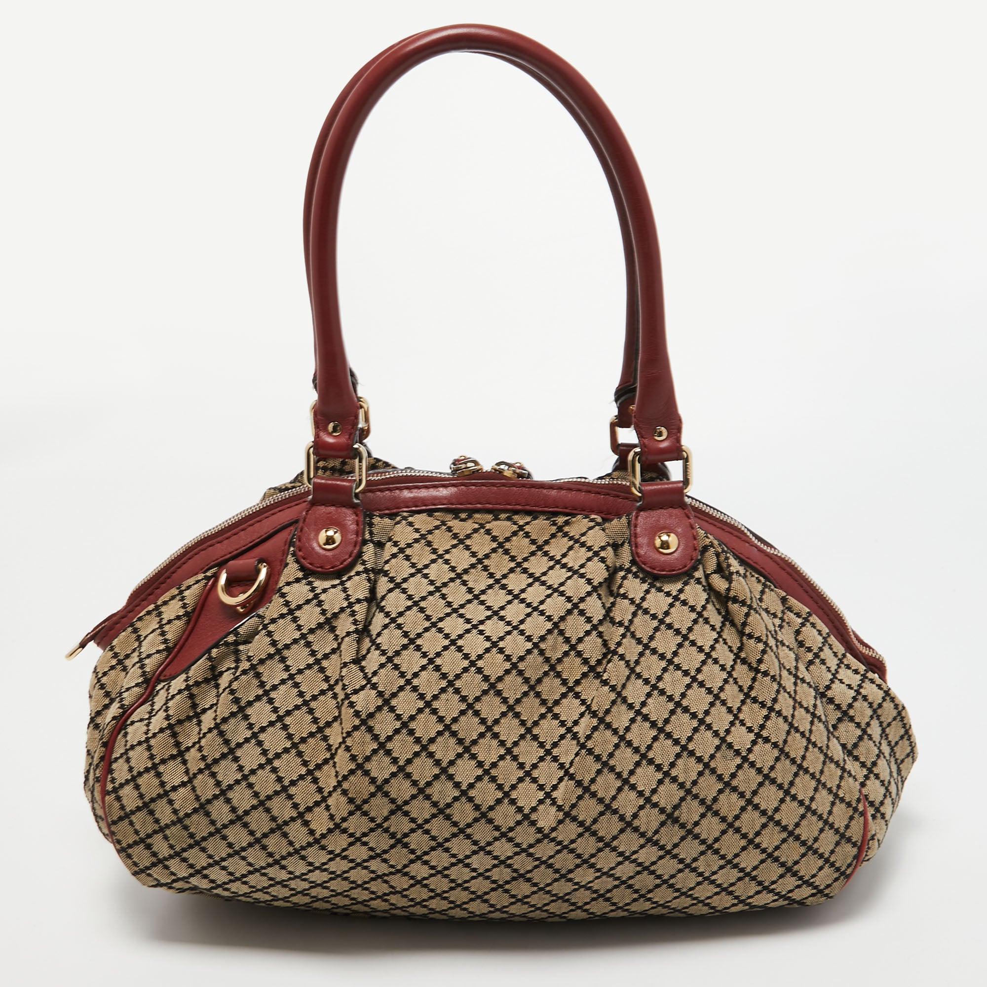 Gucci Red Beige Diamante Canvas and Leather Medium Sukey