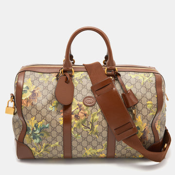 Gucci Beige/Brown Carnation Print GG Supreme Canvas and Leather Carry On Duffel Bag