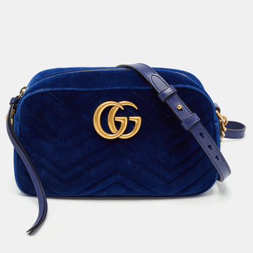 Gucci Blue Matelasse Velvet Small GG Marmont Shoulder Bag