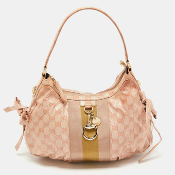 Gucci Pink GG Crystal Canvas Horsebit Charm Hobo