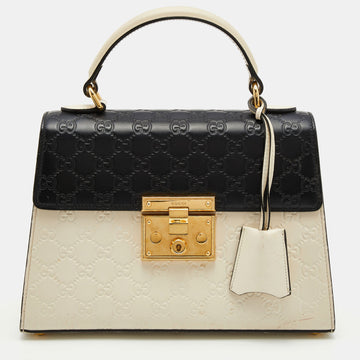 Gucci Off White/Black Guccissima Leather Small Padlock Top Handle Bag