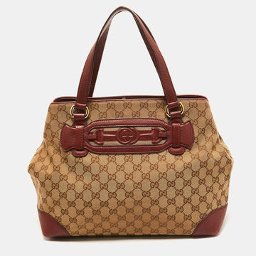 Gucci Red/Beige GG Canvas and Leather Medium Supreme Web Dressage Tote