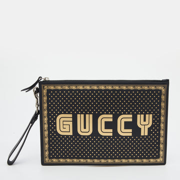 Gucci Black/Gold Leather 'Guccy' Zip Wristlet Clutch