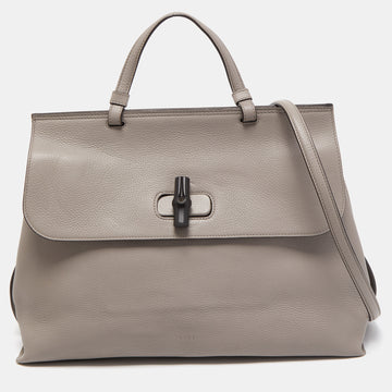 Gucci Grey Leather Large Bamboo Daily Top Handle Bag