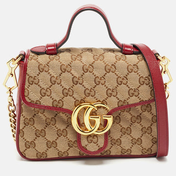 Gucci Red/Beige Diagonal Quilt Canvas and Leather Mini GG Marmont Top Handle Bag