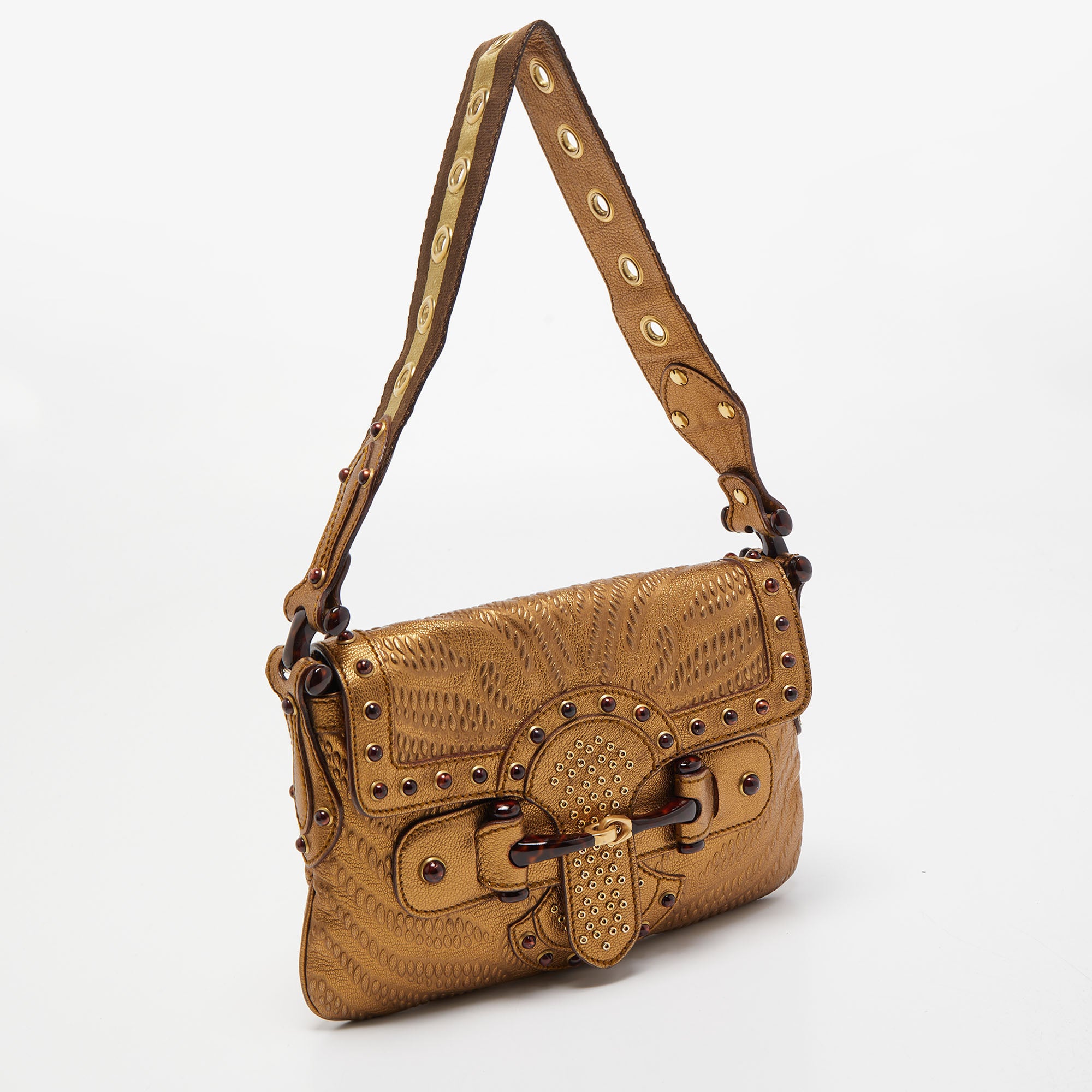 Gucci Gold Embossed Leather Pelham Runway Flap Bag