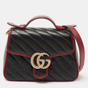 Gucci Black Diagonal Quilt Leather Mini GG Marmont Torchon Top Handle Bag