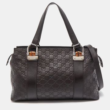 GUCCI Dark Brown ssima Leather Bamboo Bar Tote