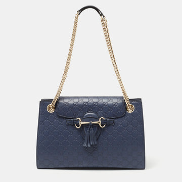 GUCCI Dark Blue ssima Leather Large Emily Chain Shoulder Bag