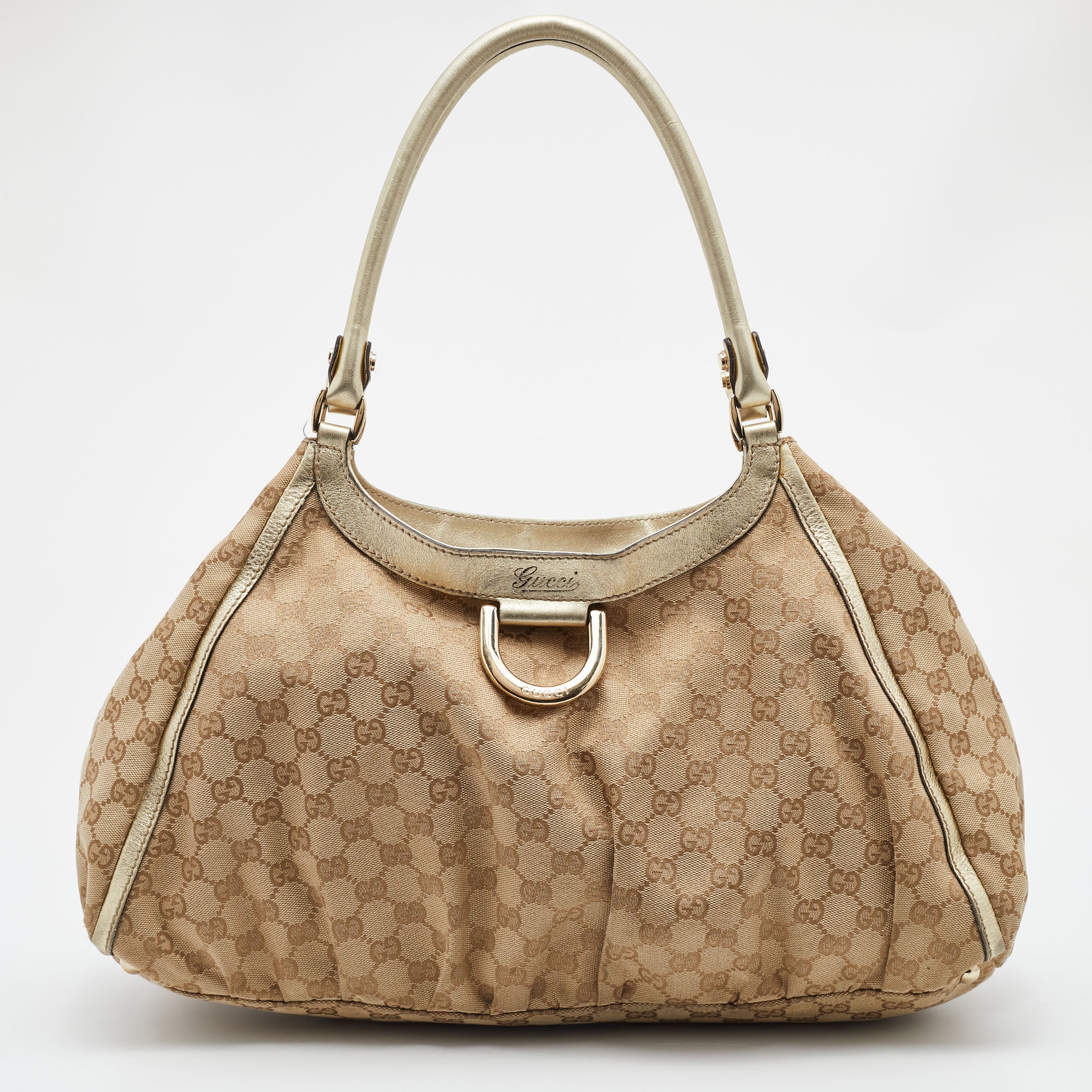 GUCCI Beige Gold GG Canvas and Leather Large Abbey D Ring Shoulder Bag