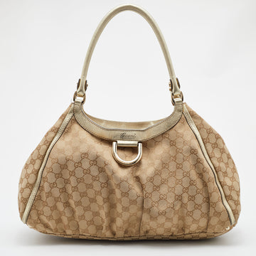 GUCCI Beige/Gold GG Canvas and Leather Large Abbey D Ring Shoulder Bag