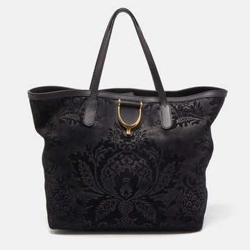 GUCCI Black Floral Print Suede Stirrup Tote